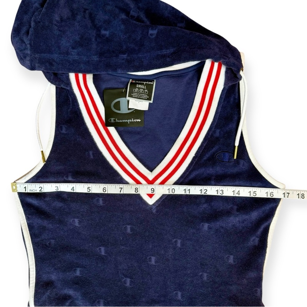 CHAMPION NWT Imperial Indigo Terry Cloth Varsity Hooded Sleeveless Romper, Small - Picture 12 of 13
